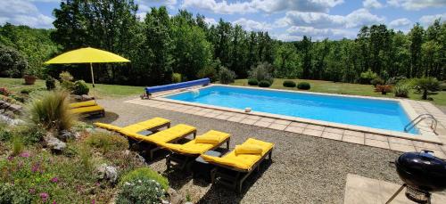 - une piscine avec des chaises jaunes et un parasol dans l'établissement Villa Padam, à Monsac