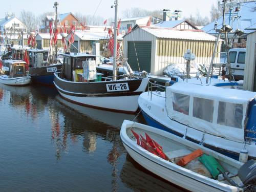 a group of boats docked in the water at Zimmervermietung Koltermann in Greifswald