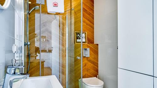 ein Badezimmer mit Dusche, Toilette und Waschbecken in der Unterkunft Apartament Skandynawski 54 - 5D Apartments in Świeradów-Zdrój