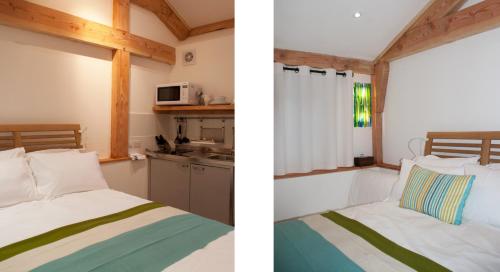 two pictures of a room with a bed and a kitchen at Bull Farm Studios in Winchester