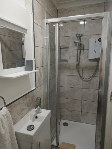 a bathroom with a shower and a toilet and a sink at Sunny Beach top apartment 4 in Skegness