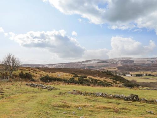 a herd of sheep in a field with mountains in the background at The Steading in Rogart