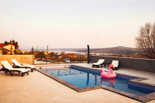 einen Pool mit einem rosa Flamingo im Wasser in der Unterkunft Villa Valf in Posedarje