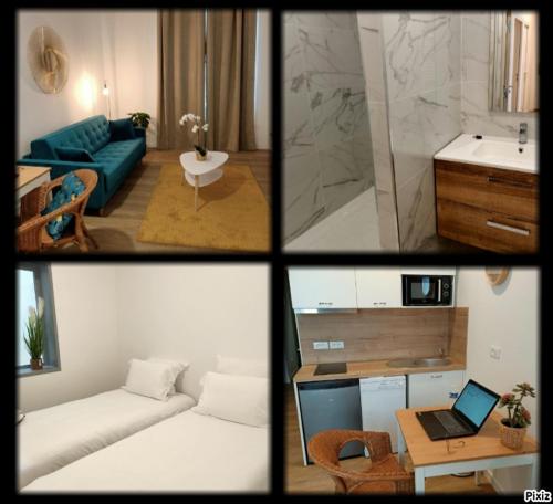 eine Collage mit vier Bildern eines Wohnzimmers in der Unterkunft Appartement Montpellier Comédie Gare St Roch in Montpellier