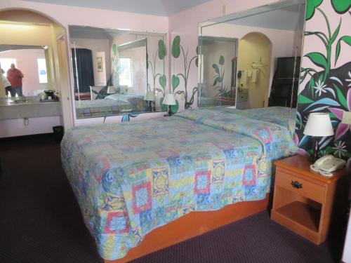 利伯蒂的住宿－自由旅行者套房汽車旅館，一间卧室配有一张床和一面大镜子