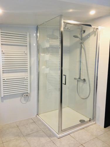 une douche avec une cabine en verre dans une salle de bain dans l'établissement Mas des Tournevents, à Lézignan-Corbières