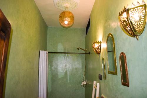 zieloną łazienkę z prysznicem i zasłoną prysznicową. w obiekcie Riad Vis Ta Vie w Marakeszu