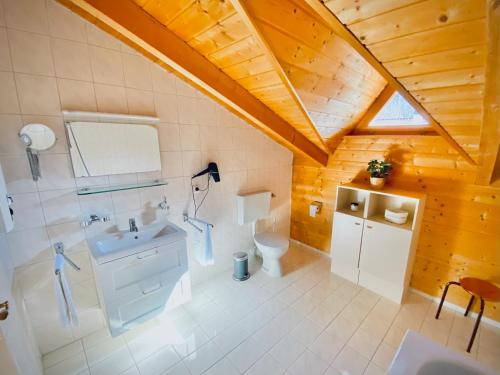 ein Bad mit einem Waschbecken und einem WC in einem Zimmer in der Unterkunft Ferienhaus Regent in Regen