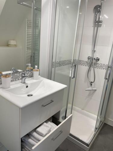 bagno bianco con lavandino e doccia di Houlgate Appartement La Briarde a Houlgate