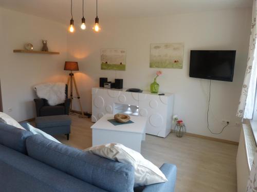 a living room with a blue couch and a tv at Gästehaus Steker in Bad Driburg