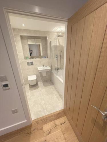 a bathroom with a shower and a toilet and a sink at Canalside Bude in Bude