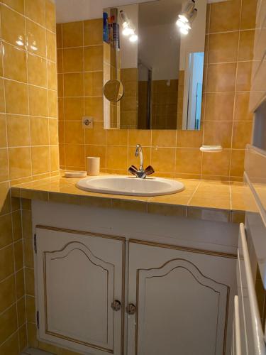 une salle de bain avec un lavabo et un miroir dans l'établissement Superbe appartement cosy vue mer pieds dans l’eau, à Cavalaire-sur-Mer