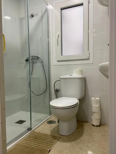 y baño con aseo y ducha acristalada. en Estudio Malagueño Centro 1ºB, en Málaga