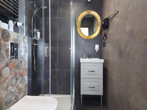 uma casa de banho com um chuveiro, um WC e um espelho. em 4 STRONY ŚWIATA Pokoje i Apartamenty em Dźwirzyno