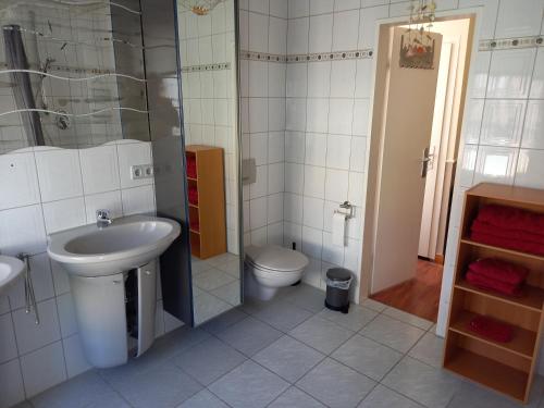 La salle de bains est pourvue d'un lavabo, de toilettes et d'une douche. dans l'établissement Ferienwohnung Lützowhaus, à Lübeck
