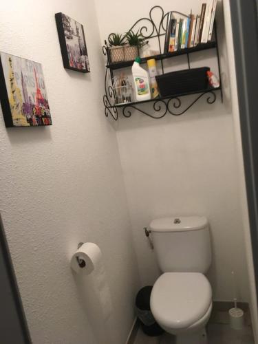 La salle de bains est pourvue de toilettes et d'une étagère avec des livres. dans l'établissement Sanary sur Mer Appartement 30m2 T2 avec terrasse Piscine 10min à pied de la plage, à Sanary-sur-Mer