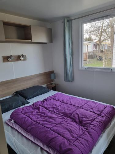 a purple bed in a bedroom with a window at Camping 4* 3 CH 2 SDB- Lave linge- Lave vaisselle in Onzain