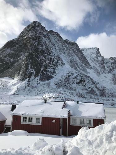 una casa ricoperta di neve di fronte a una montagna di Reinebua a Reine