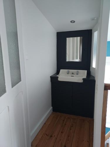 a bathroom with a sink and a mirror at La Clé du Génie in Ducey