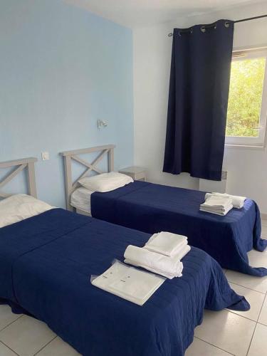 Cette chambre comprend 2 lits avec des draps bleus et une fenêtre. dans l'établissement Laouchet Le Hameau des Grands Lacs, à Parentis-en-Born