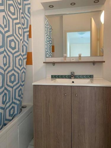 une salle de bain avec un lavabo et un miroir dans l'établissement Laouchet Le Hameau des Grands Lacs, à Parentis-en-Born