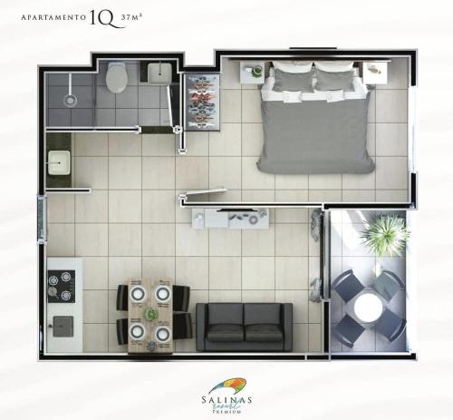 a floor plan of a small apartment with a bedroom at Salinas Premium Resort - Quarto Linda Vista in Salinópolis