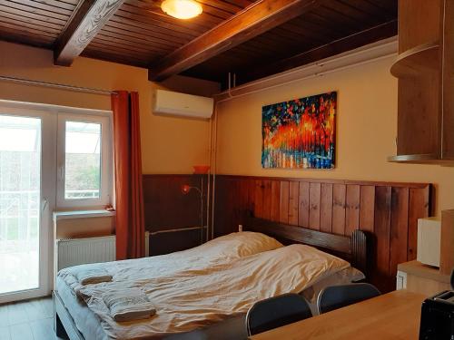 um quarto com uma cama e um quadro na parede em Egniss Apartman 2 em Bogács