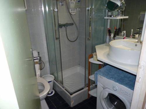 une salle de bain avec une douche, un lavabo et des toilettes dans l'établissement Sol-y-Days Flamant, Studio avec terrasse et parking, résidence avec un accès direct à la plage, au Grau-du-Roi