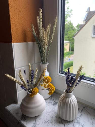 three vases sitting on a window sill with flowers in them at FEWO "Rabennest " Gemütliche Wohnung nahe Rabensteinklinikum - kein separates Schlafzimmer, Studiowohnung in Chemnitz