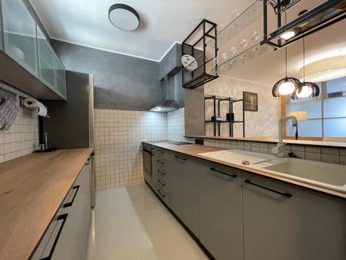 eine große Küche mit Spüle und Arbeitsfläche in der Unterkunft Booky Apartment in Belgrad