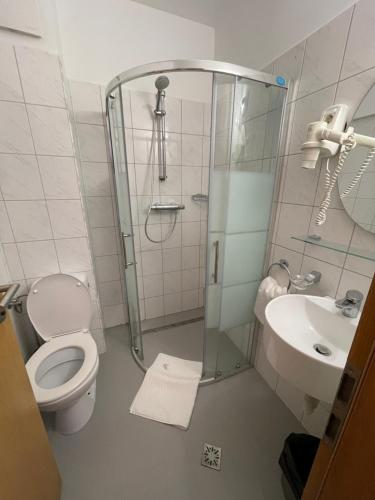 a bathroom with a shower and a toilet and a sink at Ametist Casa Leului in Mamaia Sat/Năvodari