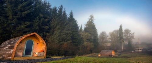 a wooden cabin in a field next to a forest at Luxury Rural Ayrshire Glamping Pod in Dalmellington