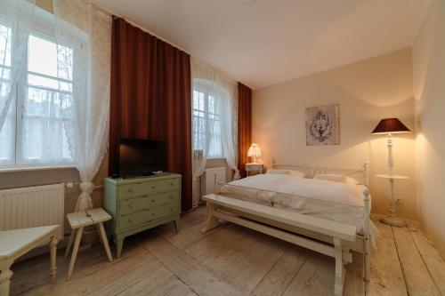 1 dormitorio con 1 cama y TV en Alte Lebkuchenfabrik, en Kremmen