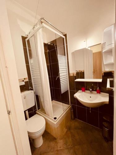 a bathroom with a shower and a toilet and a sink at Homelink Firenze - The Key in Florence