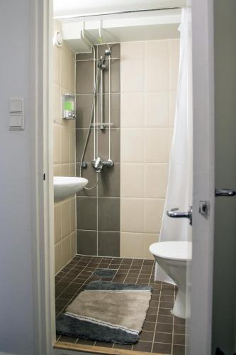 a bathroom with a shower and a sink at Central Studio Apartment in Tampere