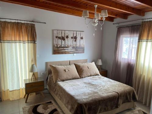um quarto com uma cama e duas janelas em EVA'S HOME em Kefalos