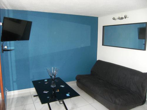 un salon avec un canapé et une télévision à écran plat dans l'établissement Appartement Cap d'adge à côté camp natu, au Cap d'Agde