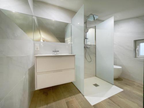 Apartamento Milo Ordoño في ليون: حمام أبيض مع حوض ومرحاض