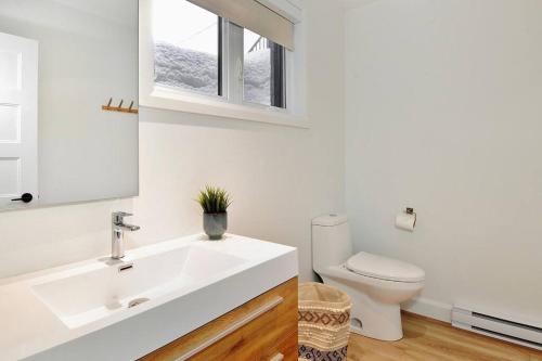 La salle de bains est pourvue d'un lavabo blanc et de toilettes. dans l'établissement 114 Chemin des Ruisselets, à Stoneham
