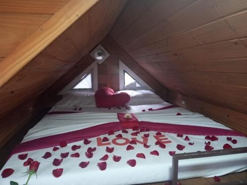 a bed with hearts and roses on it in a attic at Mini House Park in Campo Alegre
