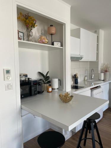 eine weiße Küche mit einer Theke und einem Waschbecken in der Unterkunft Appartement Entre Paris et Disney in Ozoir-la-Ferrière