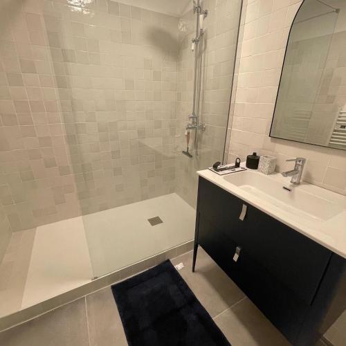 a bathroom with a shower and a sink and a mirror at Appartement Entre Paris et Disney in Ozoir-la-Ferrière