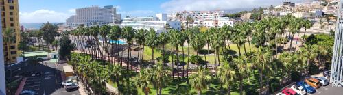 une vue aérienne d'une ville avec des palmiers dans l'établissement Playa de las Americas Seaview Viñadelmar, à Playa de las Americas