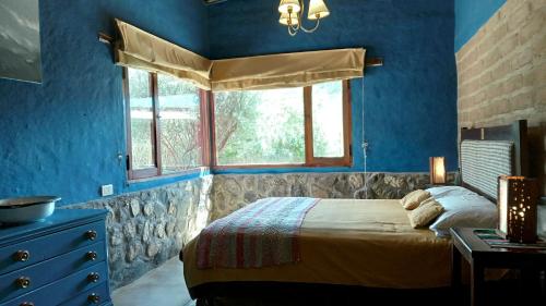 a blue bedroom with a bed and a window at Miraluna Bodega Boutique in Cachí