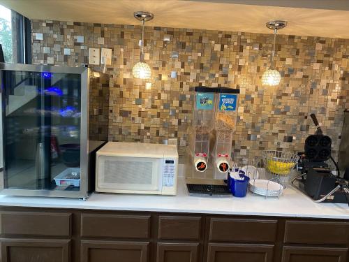 a kitchen counter with a microwave and other kitchen items at Red Roof Inn Portsmouth - Wheelersburg in Wheelersburg