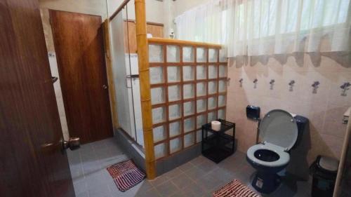 a bathroom with a toilet and a wooden door at Villa Serena in Santo Domingo