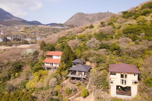 z góry widok na domy na wzgórzu w obiekcie VILLA HAKONE湖空 w mieście Hakone