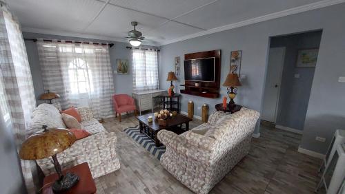 a living room with two couches and a tv at Carmen Apartment in Bridgetown