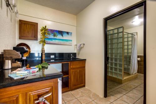 a kitchen with a counter and a glass door at Mariposa Belize Beach Resort in Placencia Village
