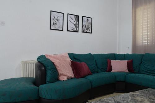 a green couch in a living room with pillows on it at MAMA'S FLAT - ΤΟ ΔΙΑΜΕΡΙΣΜΑ ΤΗΣ ΜΑΜΑΣ in Strovolos